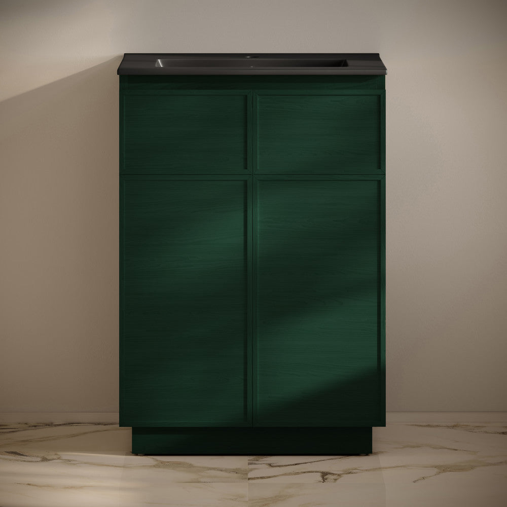 St. Tropez 24" Freestanding Bathroom Vanity in Green Oak with Black Sink Top