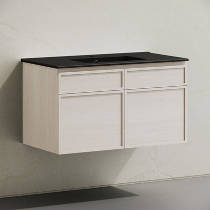 St. Tropez 36" Wall-Mounted Bathroom Vanity in White Oak with Black Sink Top