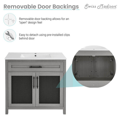 36-inch freestanding bathroom vanity in carbon gray with single sink and removable door backing.
