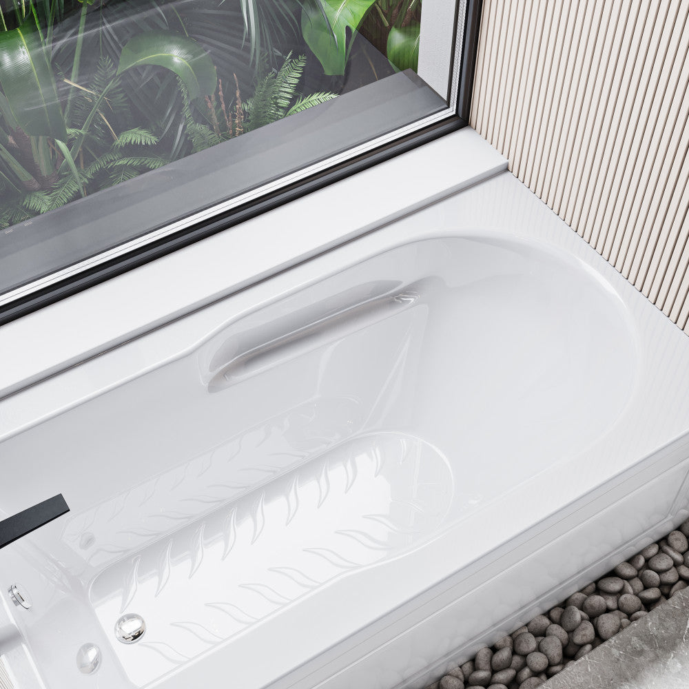 Glossy white acrylic alcove apron bathtub with integral left-hand drain, 60" x 32".