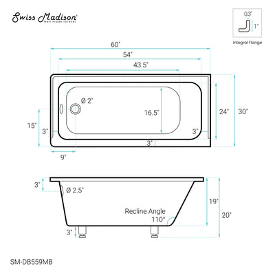 Voltaire 60" x 30" Left-Hand Drain Alcove Bathtub in Matte Black