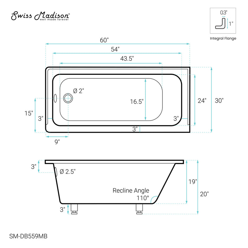 Voltaire 60" x 30" Left-Hand Drain Alcove Bathtub in Matte Black