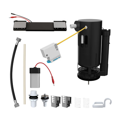 Electric touchless toilet kit with sensor, valve, and wiring for hands-free flush operation.