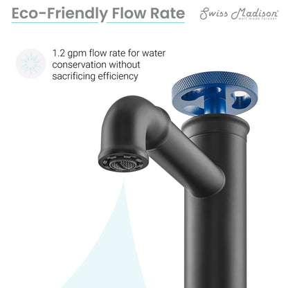Single-handle high arc bathroom faucet in matte black with blue wheel handle.