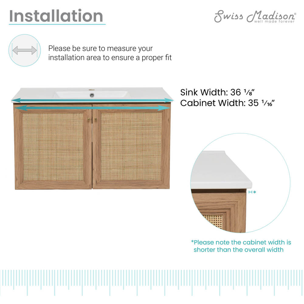 36-inch wall-mounted oak bathroom vanity, single sink, soft-close doors.