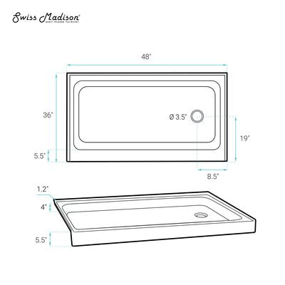 Voltaire 48" x 36" Acrylic White, Single-Threshold, Right Drain, Shower Base