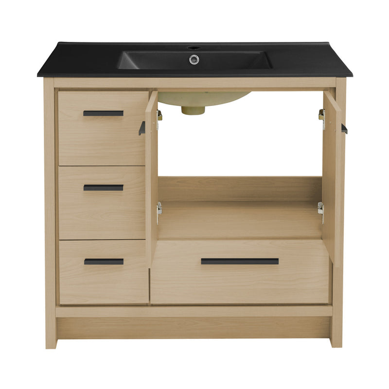 Virage 36 in. Brown Oak Bathroom Vanity With Black Ceramic Sink Top