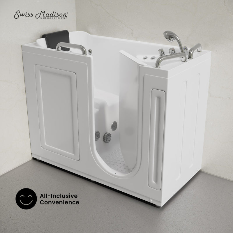 Auvergne 53" x 27" ADA Right Drain Walk-in Soaking Bathtub with Massage Jets in Glossy White, Faucet Set, Drain, Grab Bars, Pillow Included