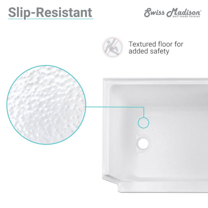 60" x 32" white shower base with right drain and left integral seat, textured slip-resistant surface.