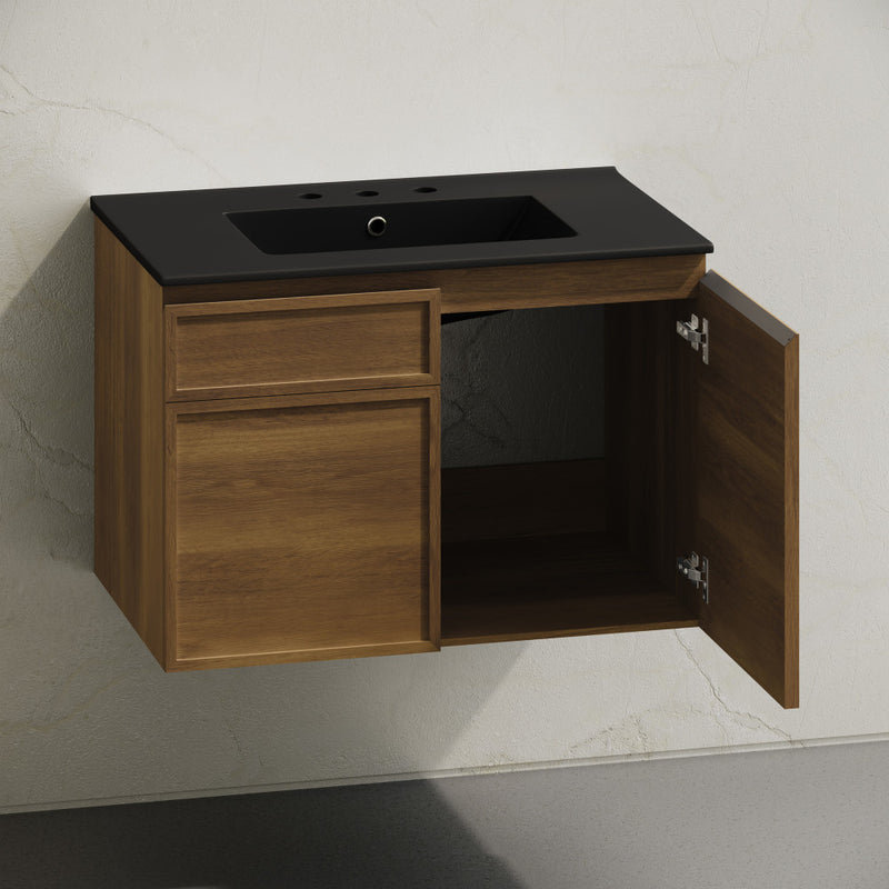 St. Tropez 30" Wall-Mounted Bathroom Vanity in Brown Oak with Black 3-Hole Widespread Sink Top
