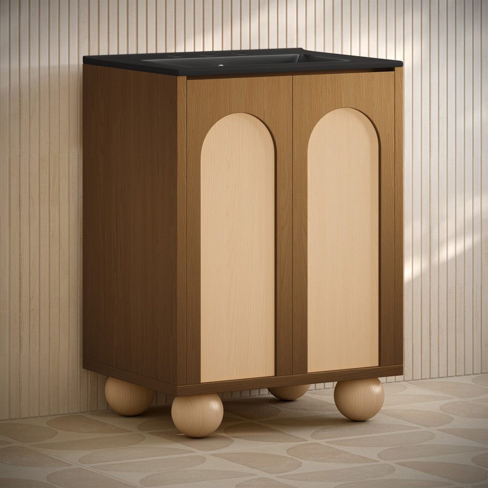 Plaisir II 24" Freestanding Bathroom Vanity in Brown Oak with Black 3-Hole Widespread Sink Top