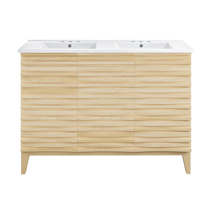 Cascade 48 in. Natural Oak, Double Basin Bathroom Vanity With White, 3-Hole Centerset Ceramic Sink Top