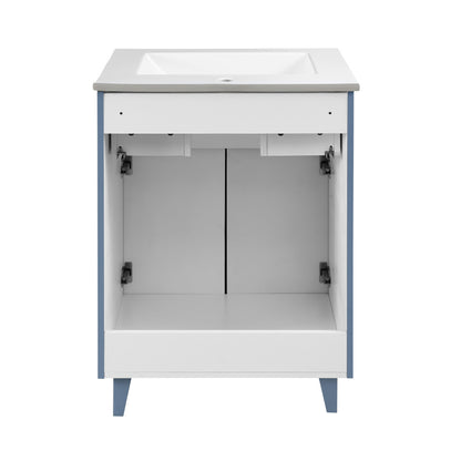 24-inch freestanding bathroom vanity in blue heather, single sink with white top, soft-close doors.