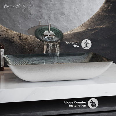 Cascade Rectangular Glass Vessel Sink with Faucet, Smoky Grey