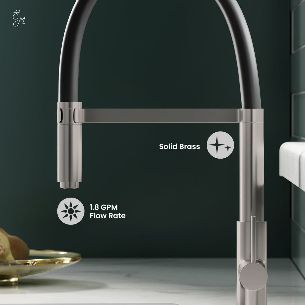 Single-handle pull-down kitchen faucet in brushed nickel with high arc spout and solid brass construction.