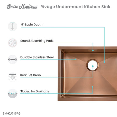 Rivage 23 x 18 Stainless Steel, Single Basin, Undermount Kitchen Sink, Rose Gold