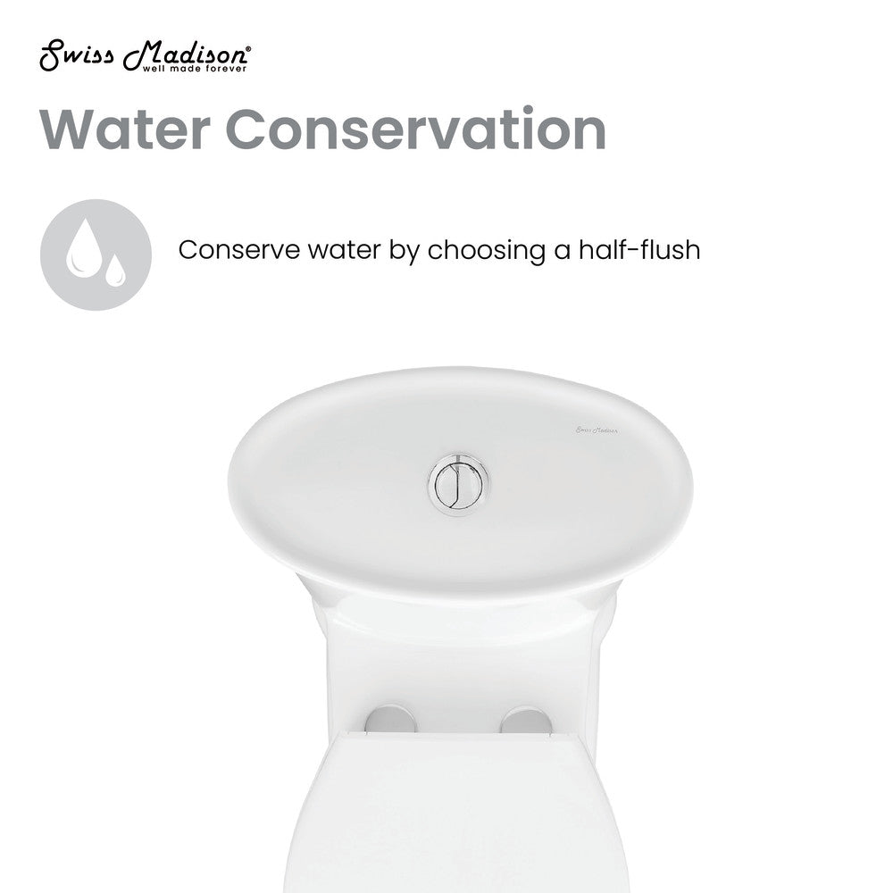 Elongated one-piece toilet with dual-flush button on top, white ceramic.