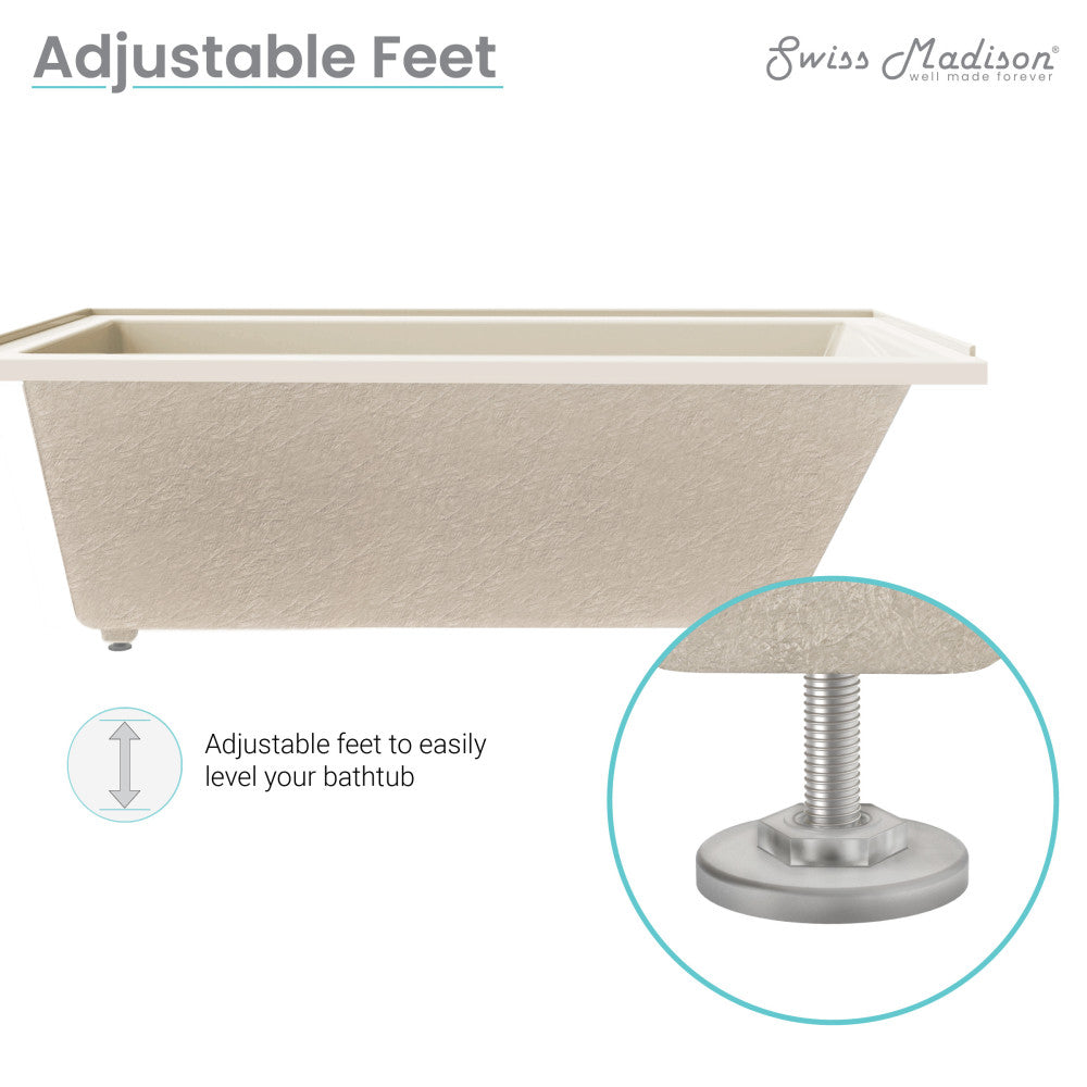 Alcove soaking bathtub 60 inch in bisque with right-hand drain and adjustable feet.