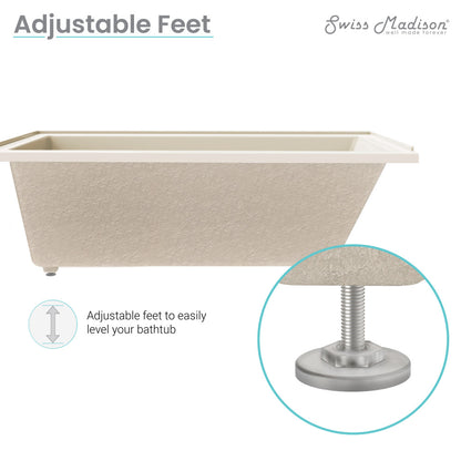 Alcove soaking bathtub 60 inch in bisque with right-hand drain and adjustable feet.