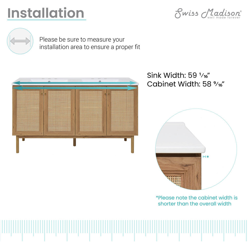 Classe 60" Freestanding Bathroom Vanity in Golden Oak with 3-Hole Widespread Double Basin Sink Top