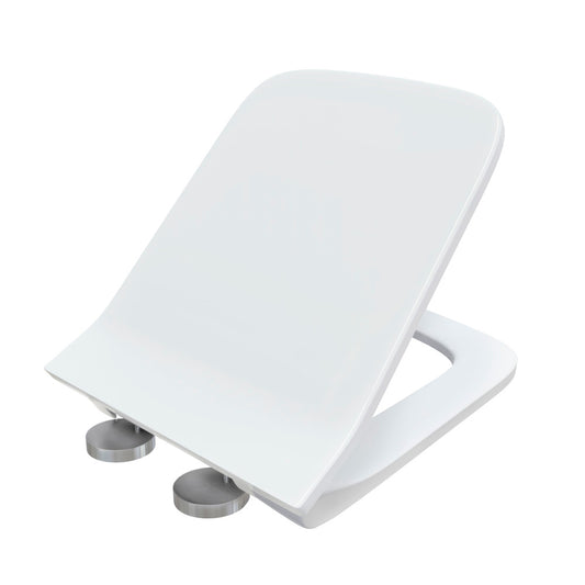 One-piece toilet seat with quick release hinges in white plastic.