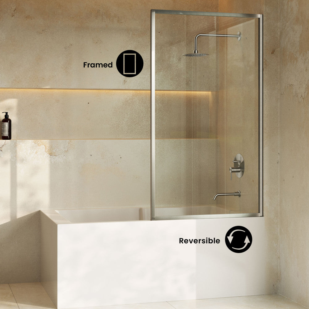 Pierre 34 x 58 Framed Fixed 3/8 in. (10mm) Clear Tempered Glass Tub Door with Nickel Brushed Frame