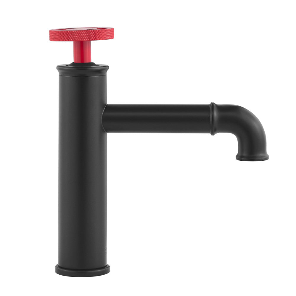 Avallon Single Hole, Single-Handle, Bathroom Faucet in Matte Black with Red Handle