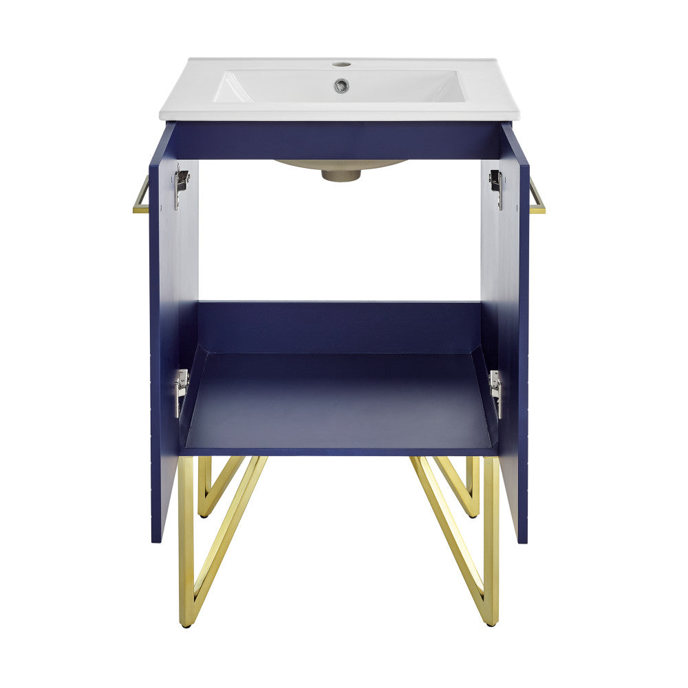 24-inch freestanding bathroom vanity in Granger Blue, single sink, soft-close doors, gold metal legs.