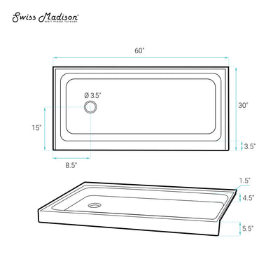 Voltaire 60 x 30 Shower Pan Base with Left Drain in Glossy Bisque