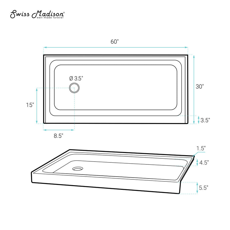 Voltaire 60 x 30 Shower Pan Base with Left Drain in Glossy Bisque