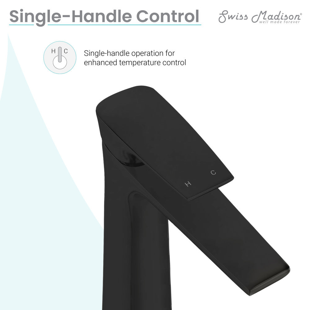 Single-handle bathroom faucet in matte black, high arc, with H and C temperature indicators.