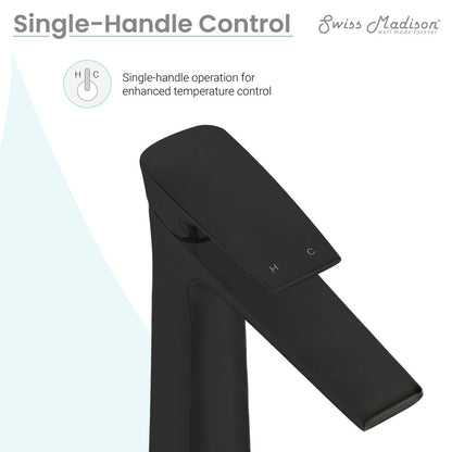 Single-handle bathroom faucet in matte black, high arc, with H and C temperature indicators.
