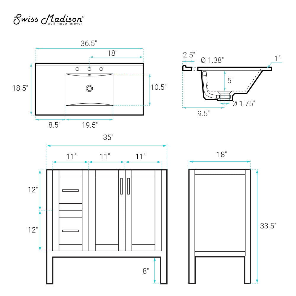 Forme 36" Modular Freestanding Bathroom Vanity with 3-Hole Widespread Top in Brown Oak