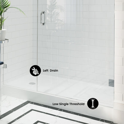 Voltaire 60" x 34" Acrylic White, Single-Threshold, Left Side Drain, Shower Base