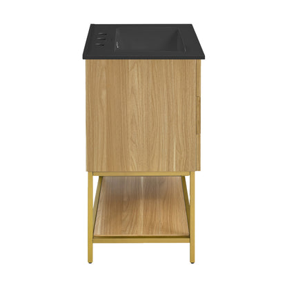 Carre 24 in. Golden Oak Bathroom Vanity with Black, 3-Hole Ceramic Sink Top