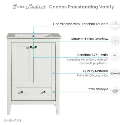 Cannes 24 in. White Bathroom Vanity With White, 3-Hole Ceramic Sink Top