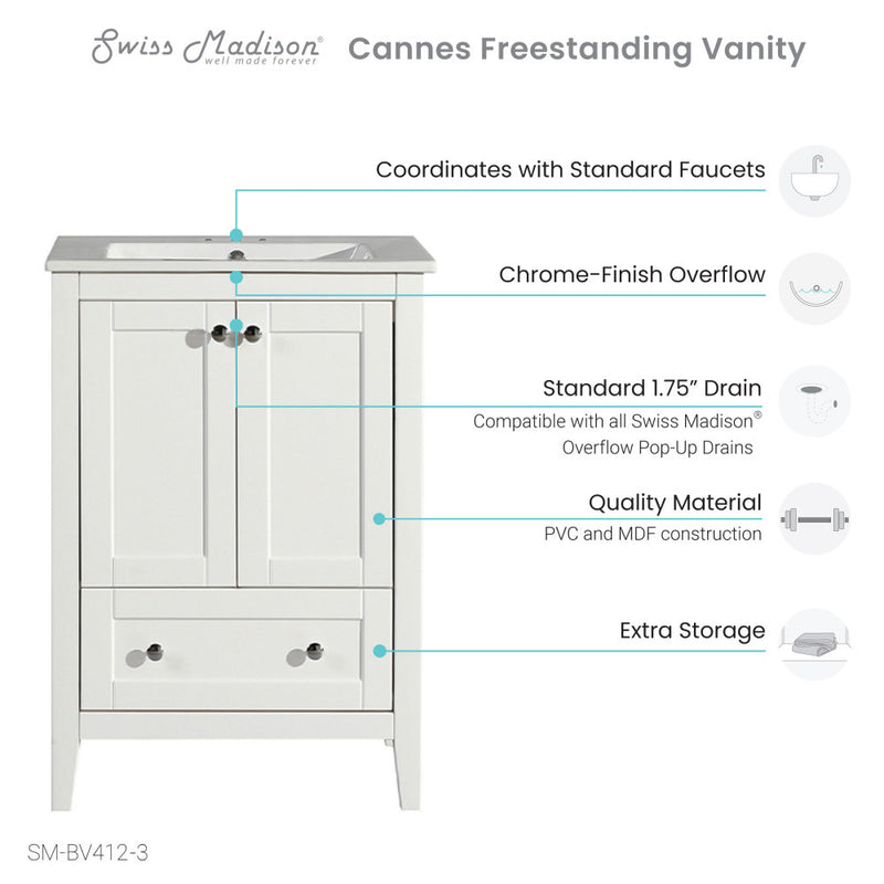 Cannes 24 in. White Bathroom Vanity With White, 3-Hole Ceramic Sink Top