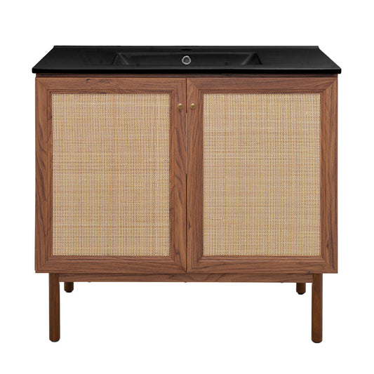 Classe 36" Freestanding Bathroom Vanity in Brown Oak with Black Sink Top