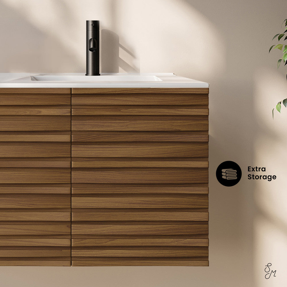 Cascade 48" Wall-Mounted Bathroom Vanity in Brown Oak with Double Basin Sink Top