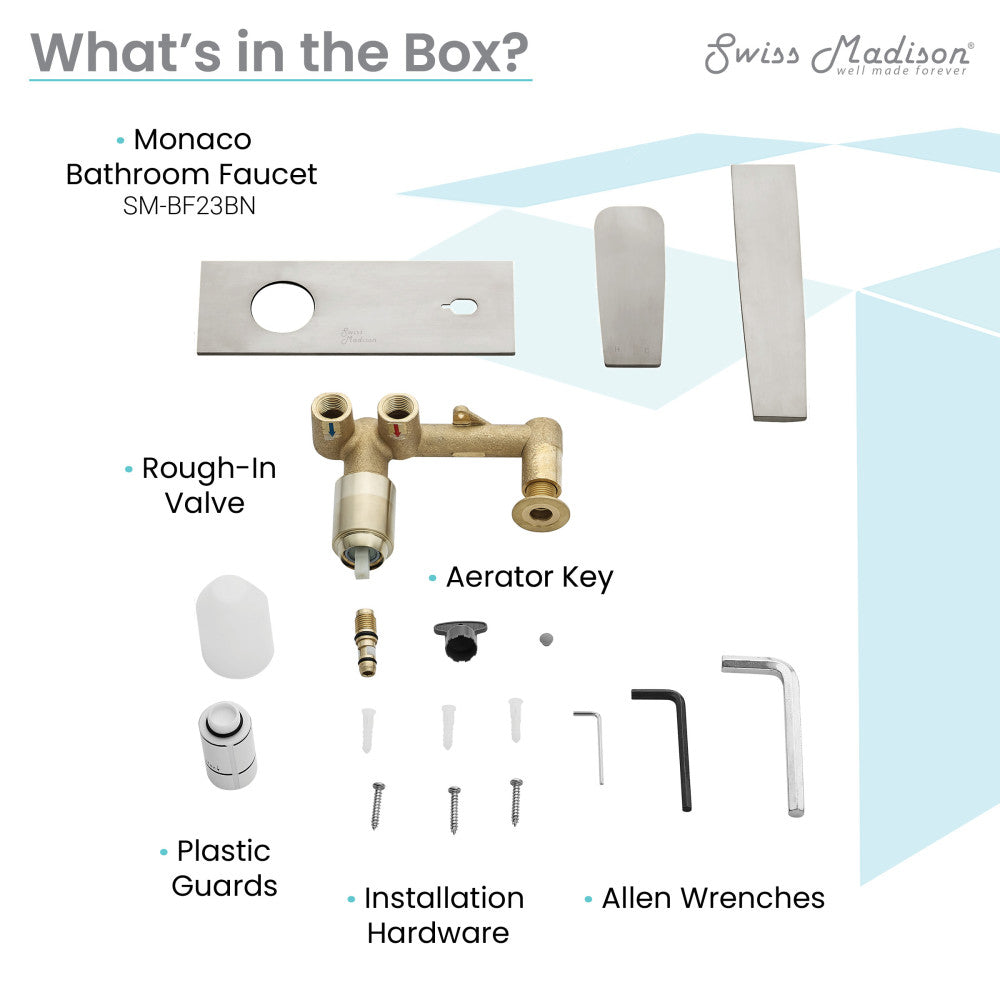 Monaco single-handle wall-mount bathroom faucet rough-in valve and installation tools kit in brushed nickel.