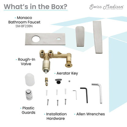 Monaco single-handle wall-mount bathroom faucet rough-in valve and installation tools kit in brushed nickel.