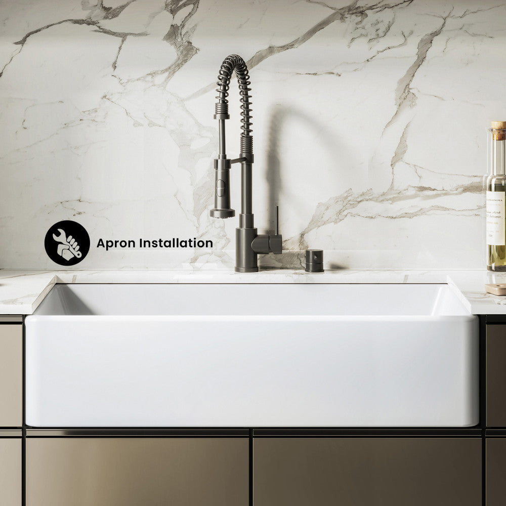 Elegance 36" x 20" Single Basin Fireclay Farmhouse Kitchen Sink in Glossy White with Stainless Steel Grid