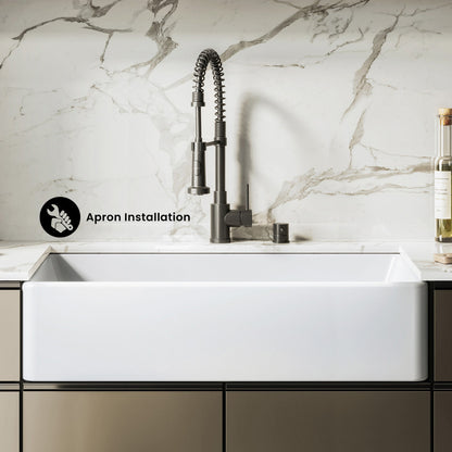 Elegance 36" x 20" Single Basin Fireclay Farmhouse Kitchen Sink in Glossy White with Stainless Steel Grid