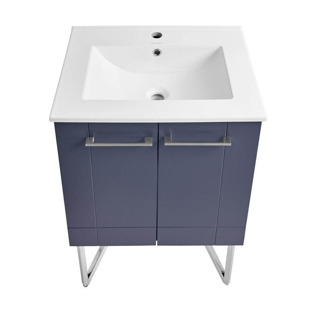 24-inch freestanding purple bathroom vanity with white sink top and two cabinet doors.
