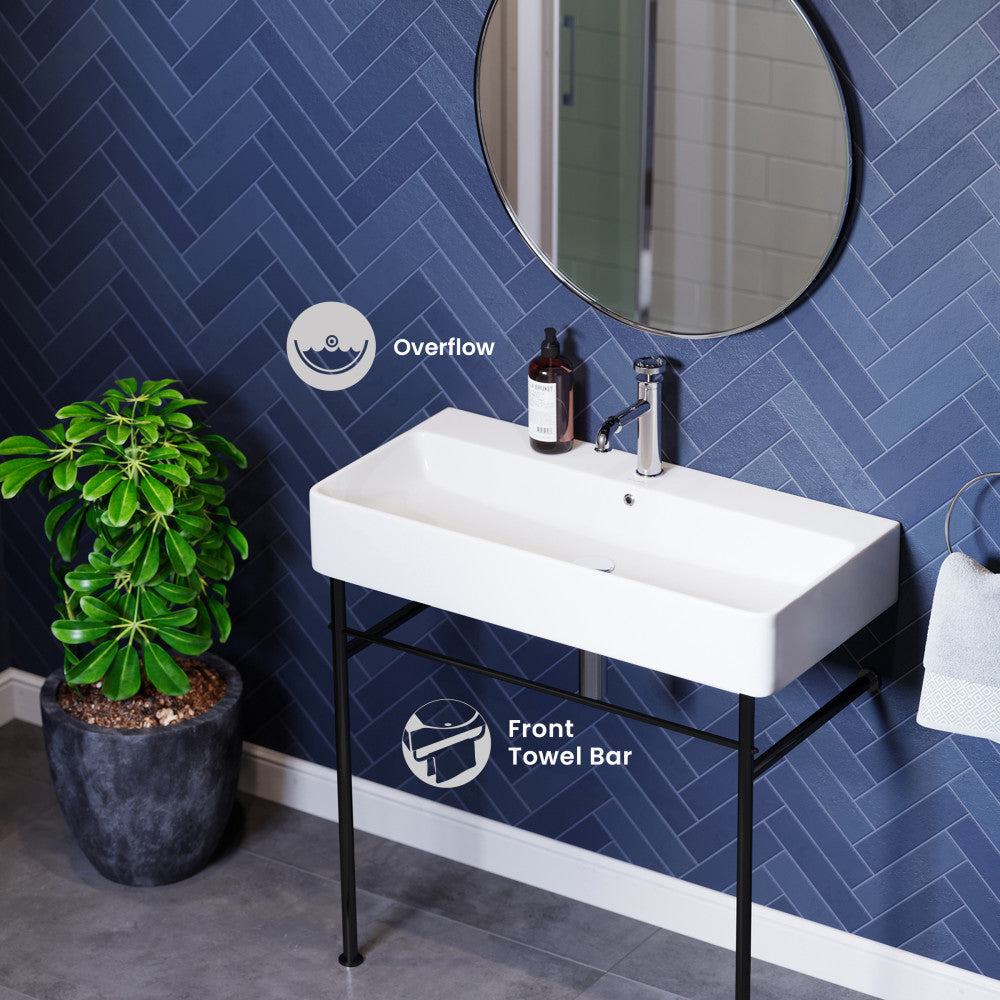 Carre 36" Ceramic Console Sink White Basin Black Legs