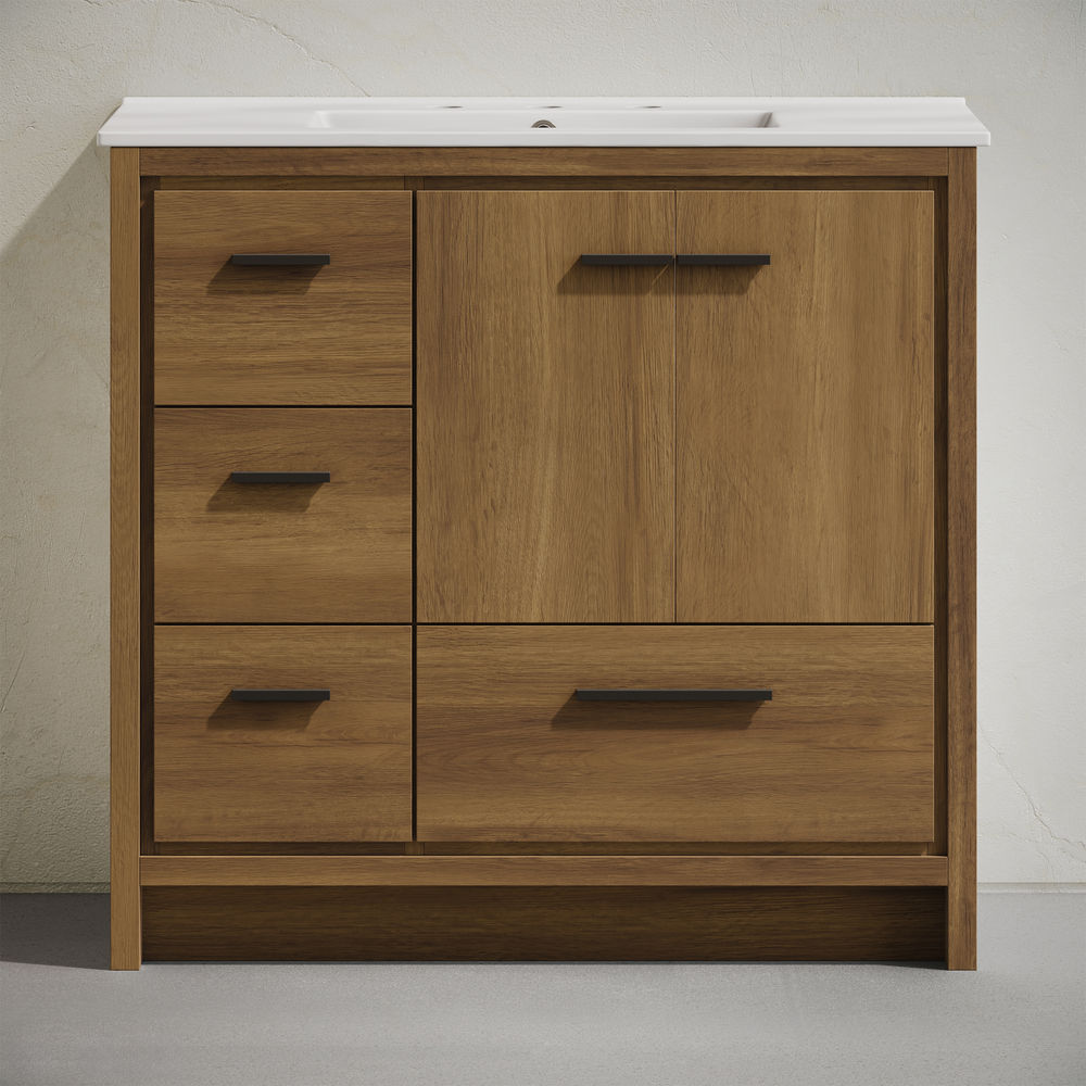 Virage 36" Freestanding Bathroom Vanity in Brown Oak with 3-Hole Widespread Sink Top