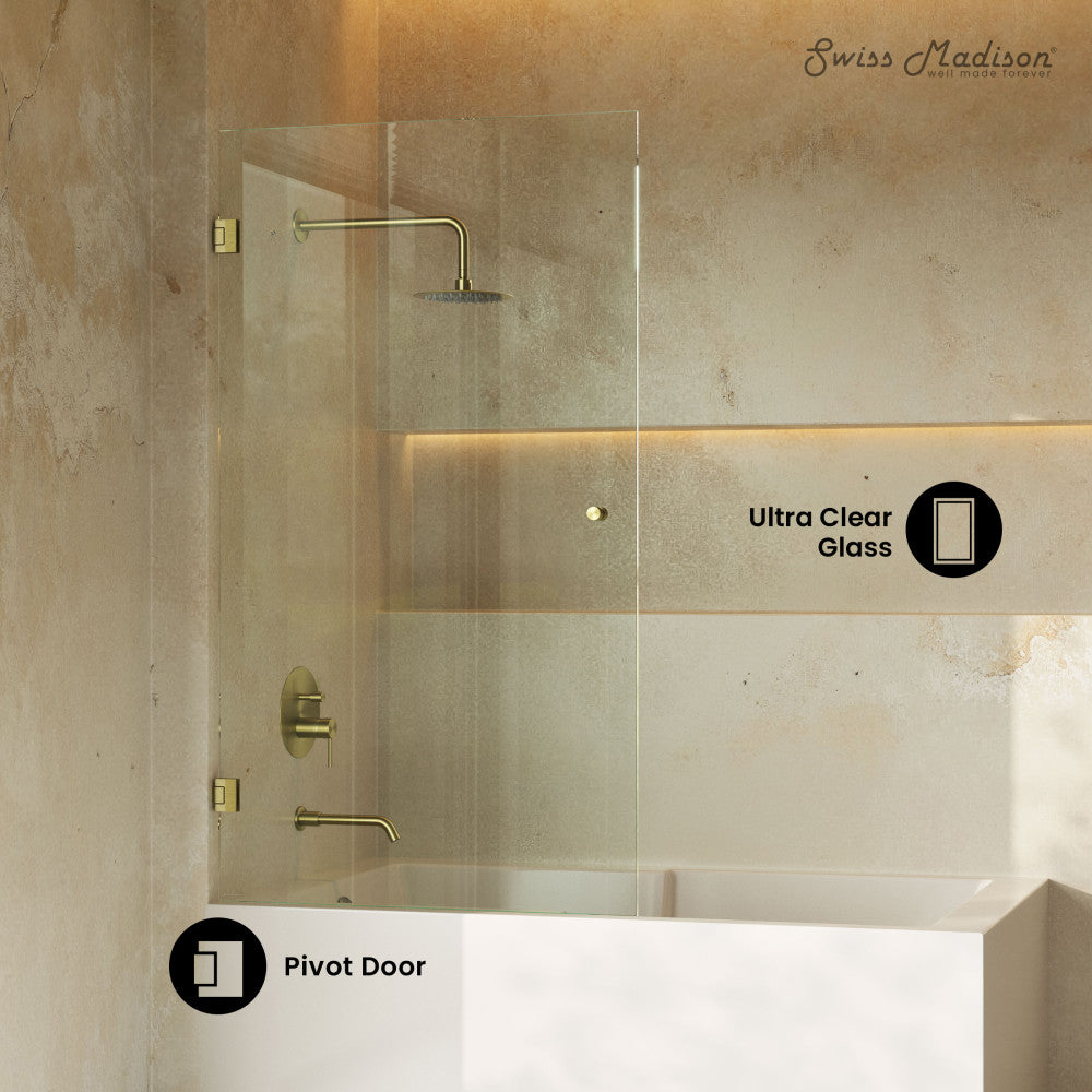 Voltaire 24 x 58 Frameless Pivot 3/8 in. (10mm) Ultra Clear Tempered Glass Tub Door with Gold Brushed Hardware
