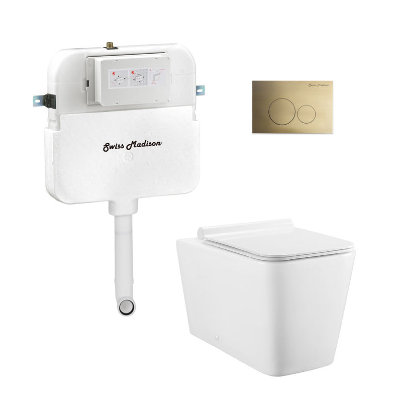 Concorde Back-to-Wall Toilet Bundle 0.8/1.6 GPF Dual Flush in Glossy White with Brass Flush Plate