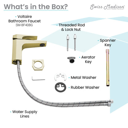 Single-handle bathroom faucet in brushed gold with water supply lines and installation accessories.