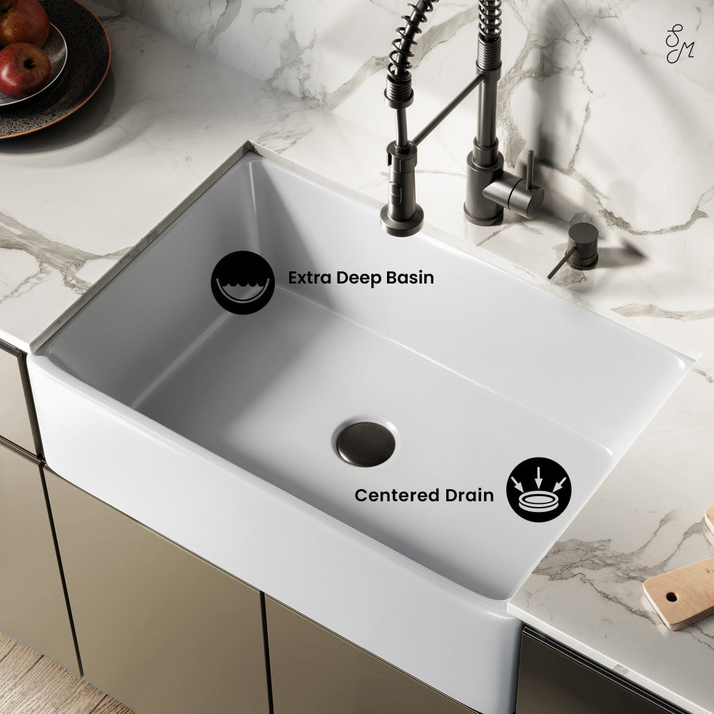 Elegance 30" x 20" Single Basin Fireclay Farmhouse Kitchen Sink in Glossy White with Stainless Steel Grid